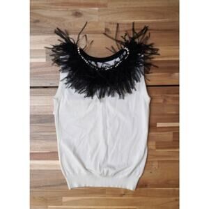 Sleeveless White Knit Top with Pearls Black Confetti Feather Trim Collar Size XS